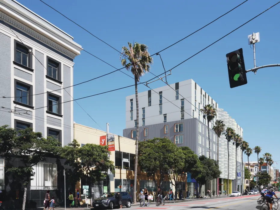 Render street view of La Fénix at 1950, affordable housing in the mission district of San Francisco.