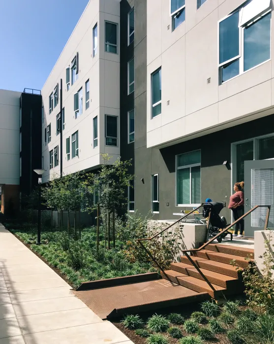 Ground level residential stoops along the mid-block passage at Five88 in San Francisco.