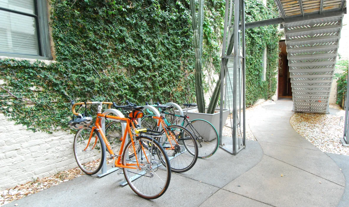 Outdoor bicycle rack in the courtyard of David Baker Architects Office in San Francisco.