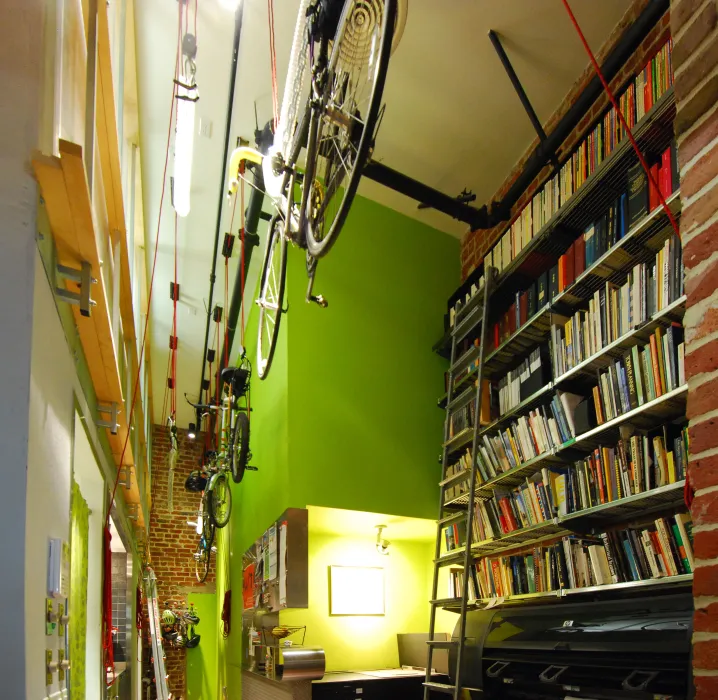 Kitchen and library inside David Baker Architects Office in San Francisco.