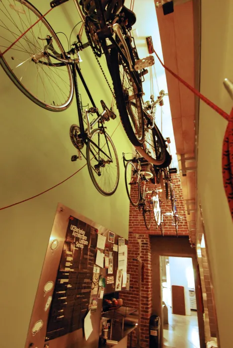 Bicycles hanging from the ceiling of David Baker Architects Office in San Francisco.