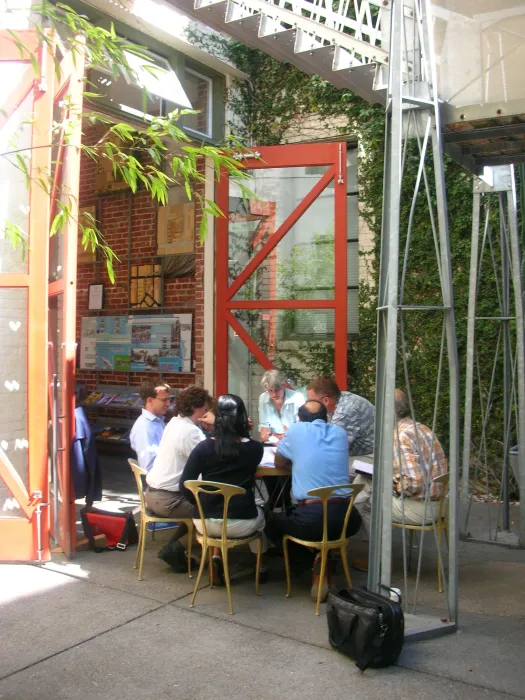 Meeting in the courtyard of David Baker Architects Office in San Francisco.