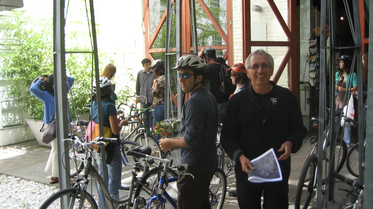 Staff getting on their bikes inside David Baker Architects Office in San Francisco.