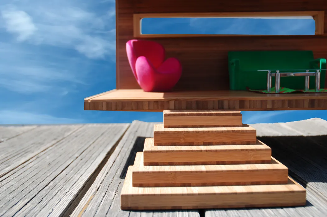 Detail view of the wooden stairs on the Modularean Eco House.