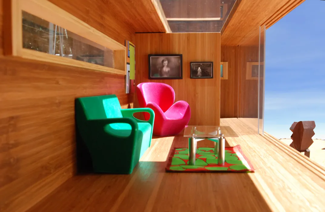 Inside view of the "living room" of the Modularean Eco House.