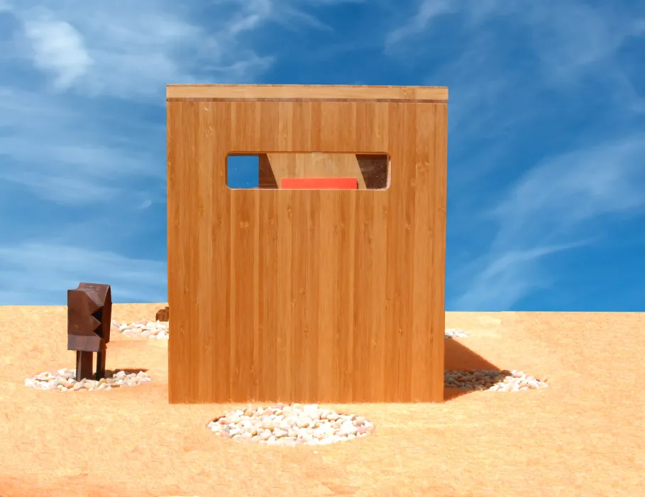 Side view of the Modularean Eco House and the "bedroom" window.