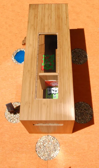 View of the top of Modularean Eco House and the "skyllights" looking into the two rooms.