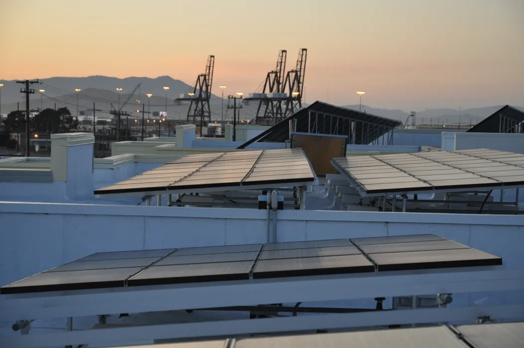 Solar panels on the roof of Ironhorse at Central Station in Oakland, California.