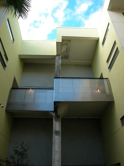 Steel railing at Pacific Cannery Lofts in Oakland, California.