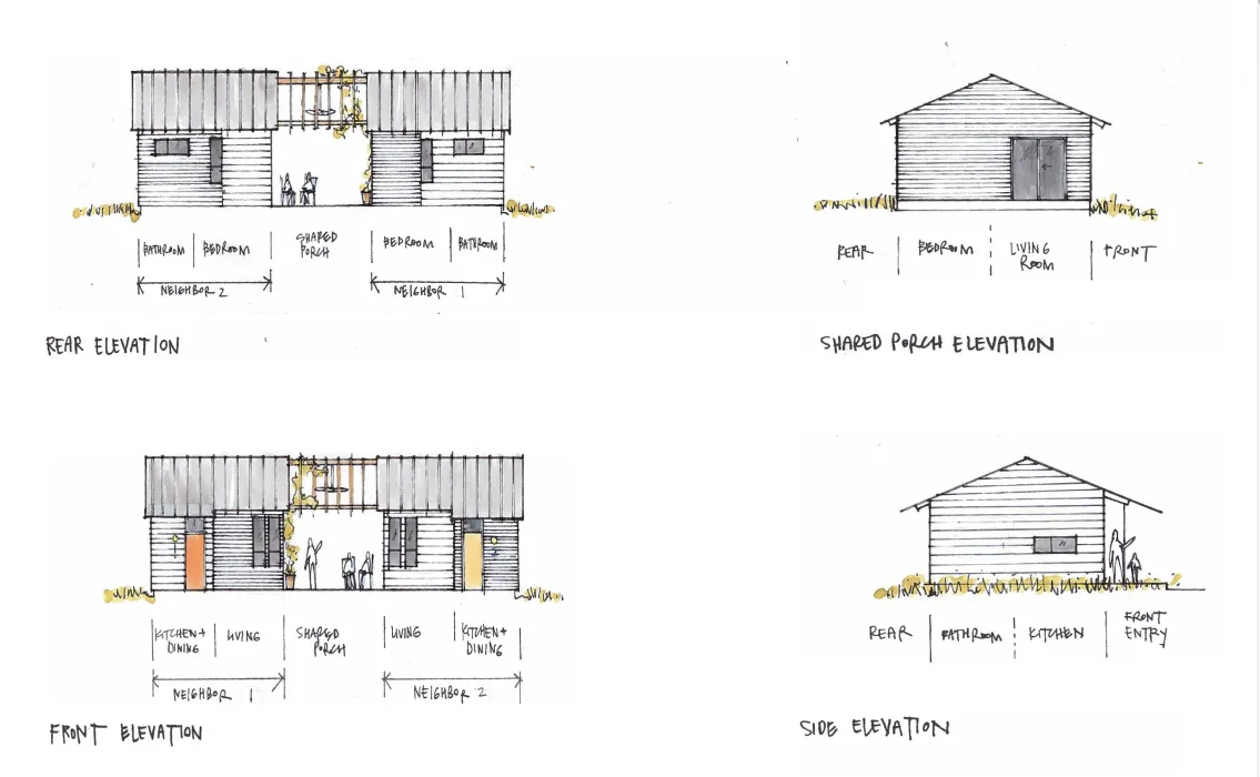 Elevations sketches for Union Village in Talladega, Alabama.