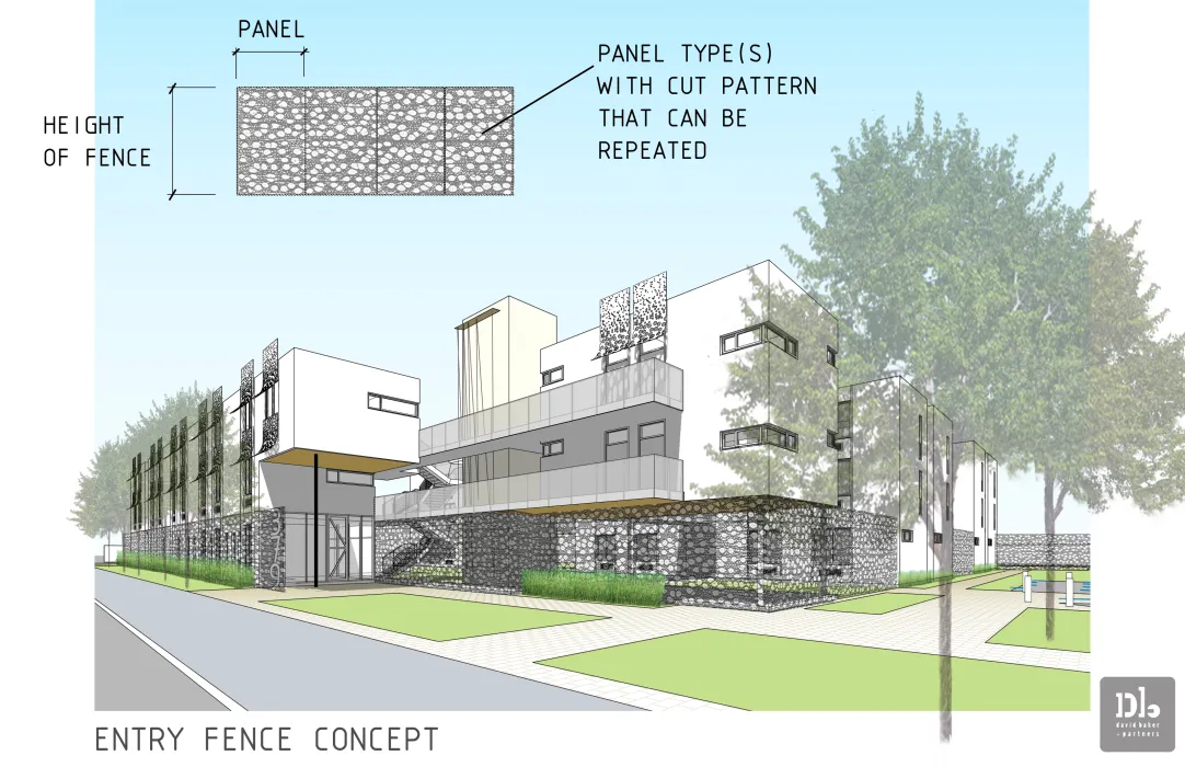 Exterior rendering of Blossom Hill focusing on the patterned entry fence.