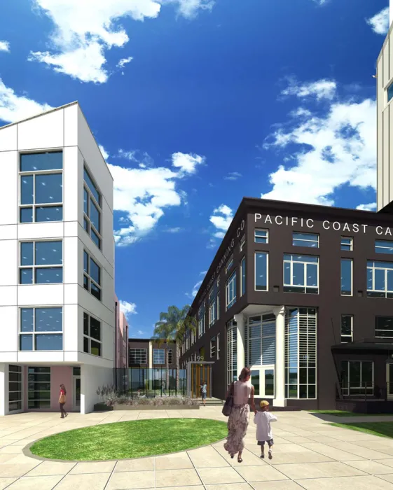 Exterior rendering of the entry gate to Pacific Cannery Lofts in Oakland, California.
