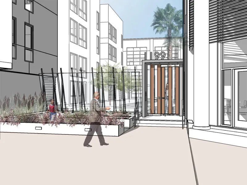 Sketch of the entry gate for Pacific Cannery Lofts in Oakland, California.