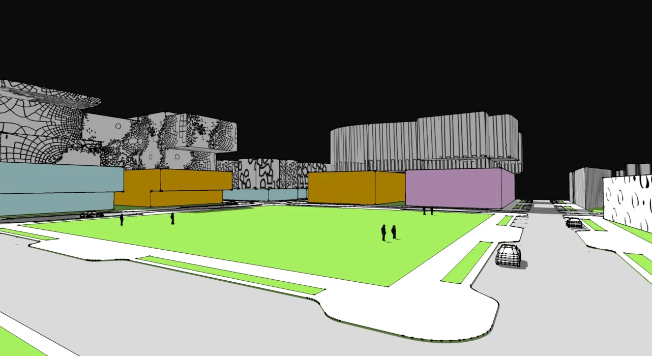 Rendering of the park in the middle of humanCITY.