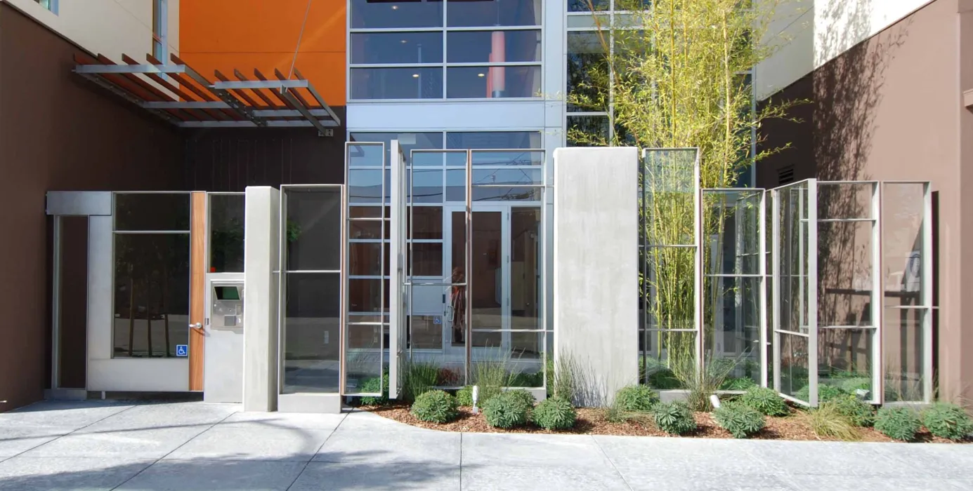 Entry gate at 200 Second Street in Oakland, California.