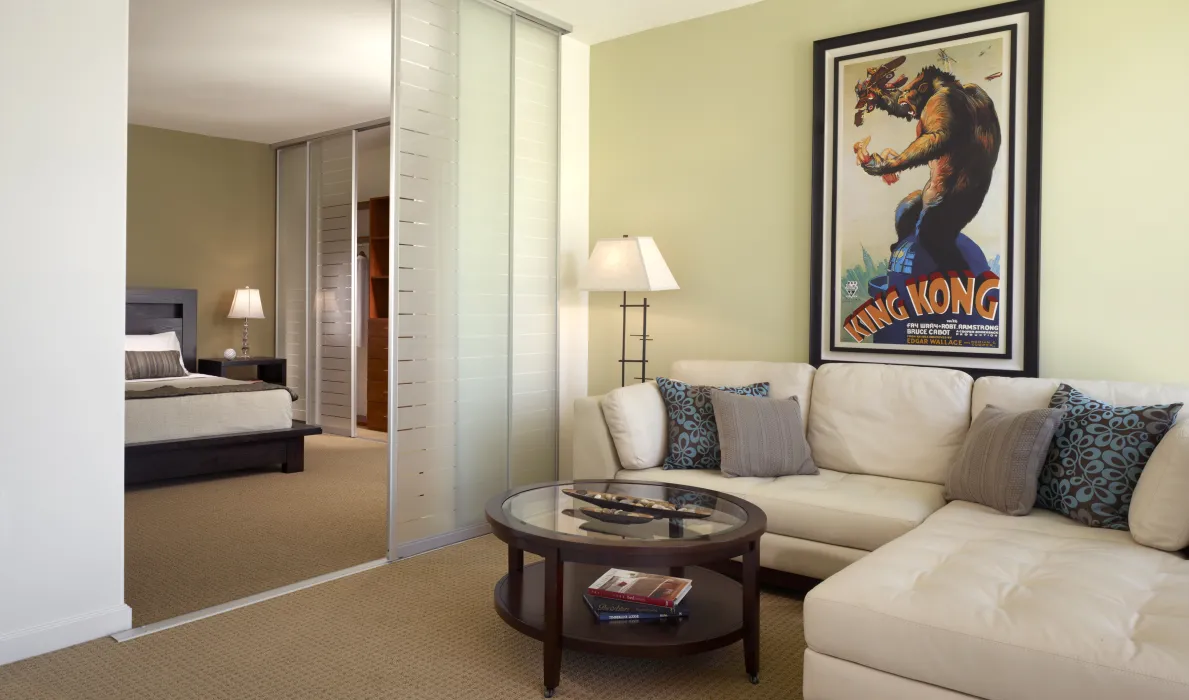 Bedroom and living room inside a unit at 200 Second Street in Oakland, California.