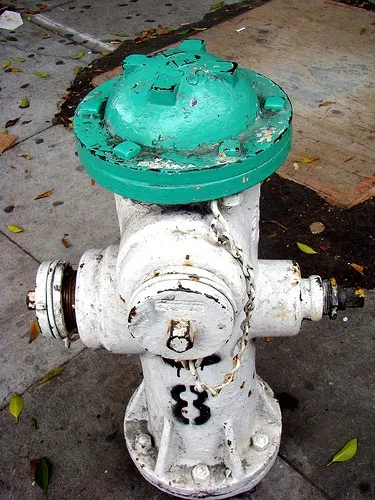 White fire hydrant with an aqua painted top.