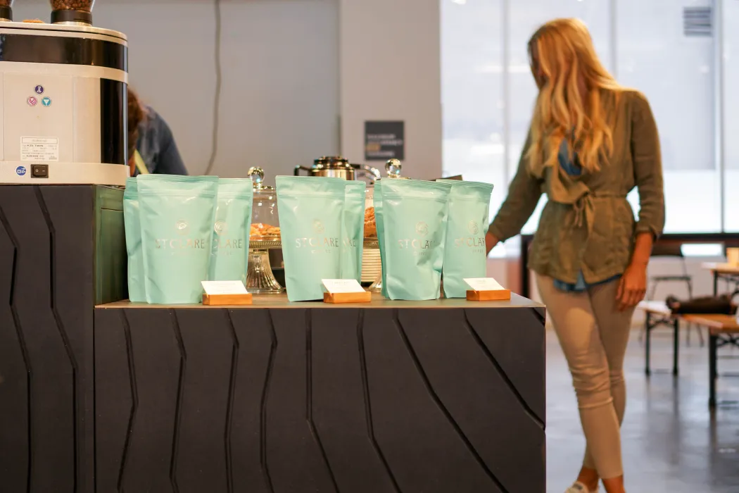 St. Clare Coffee cart inside SPUR Urban Center Galleries in San Francisco.