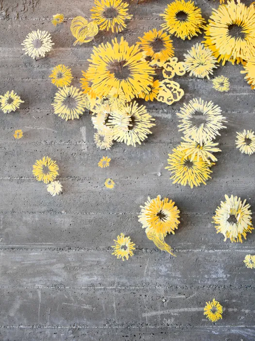 Flower wall art inside of Spoonbar, restaurant and bar inside h2hotel in Healdsburg, Ca.