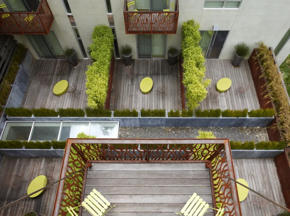 Aerial view of outdoor terraces and balconies at h2hotel in Healdsburg, Ca.
