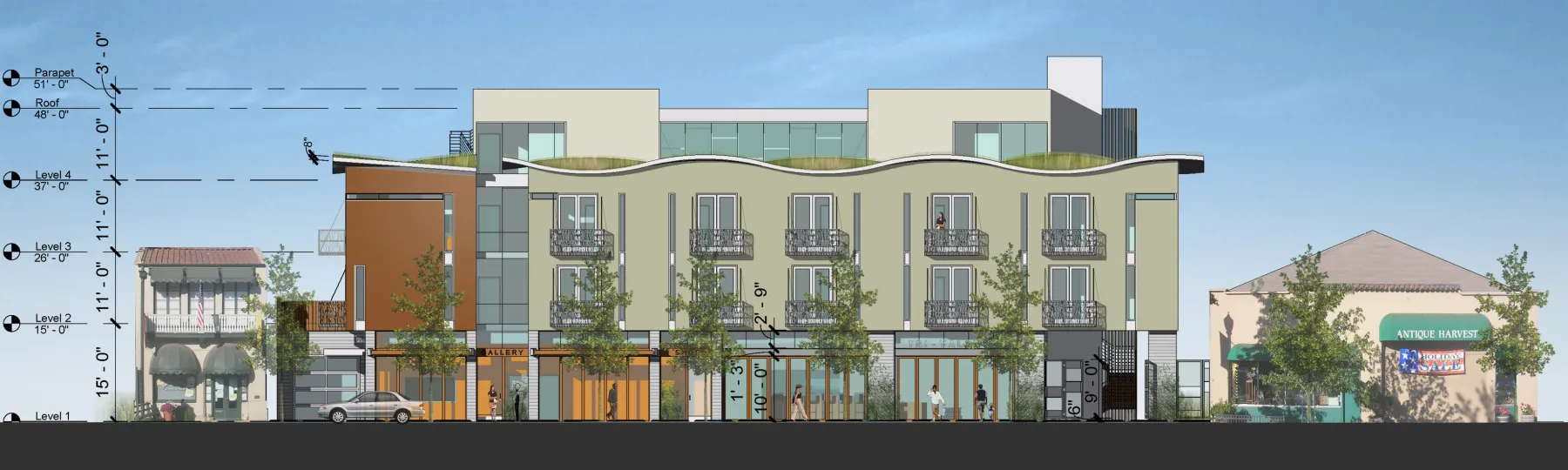 Rendering of exterior elevation for h2hotel in Healdsburg, Ca.