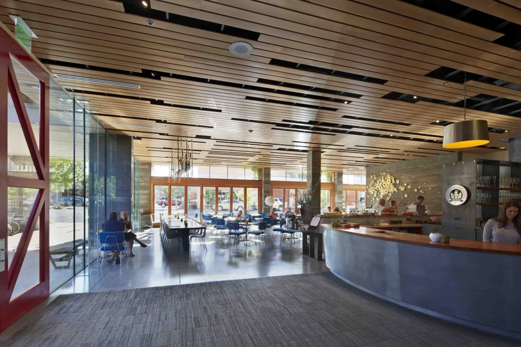 Entrance lobby and Spoonbar restaurant inside h2hotel in Healdsburg, Ca.