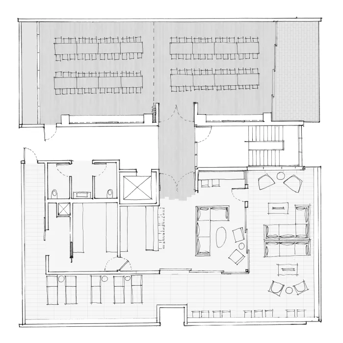 Plan for the fourth floor lounge and conference room for Harmon Guest House in Healdsburg, California.