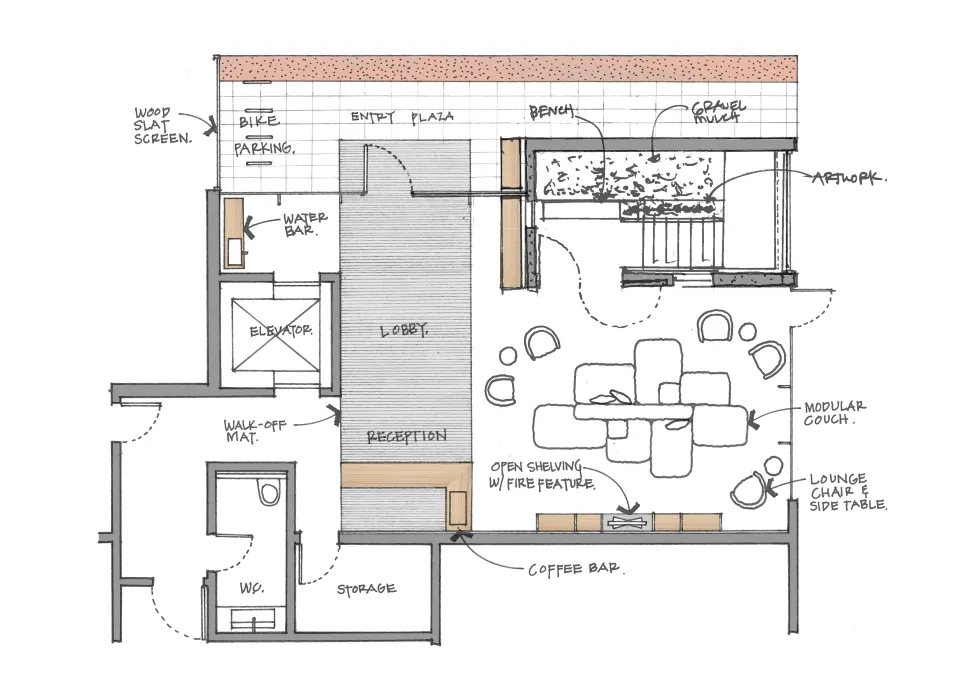 Lobby plan for Harmon Guest House in Healdsburg, Ca 