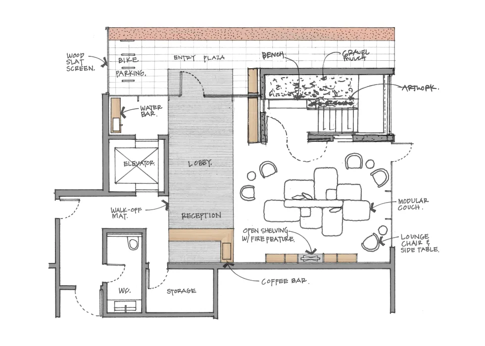 Site plan for the hotel lobby for Harmon Guest House in Healdsburg, California.