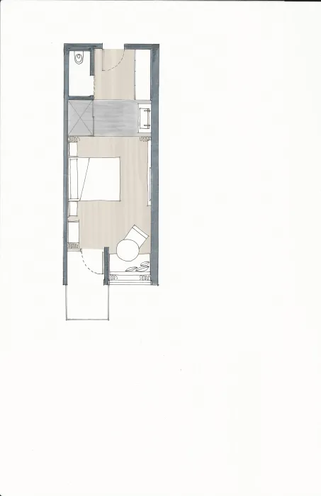 Floor plan for the standard studio hotel room for Harmon Guest House in Healdsburg, California.