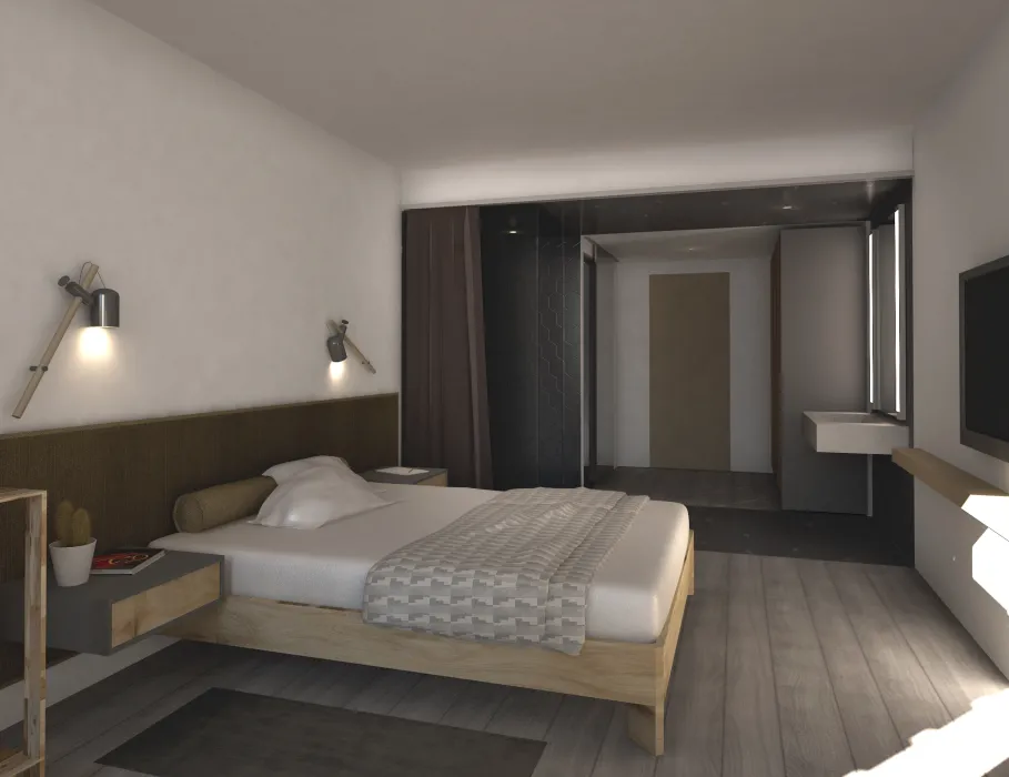 3D rendering of the standard studio hotel room for Harmon Guest House in Healdsburg, California.