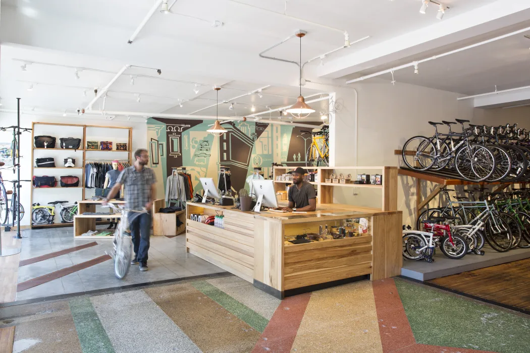 Purchase counter inside Huckleberry Bicycles in San Francisco.