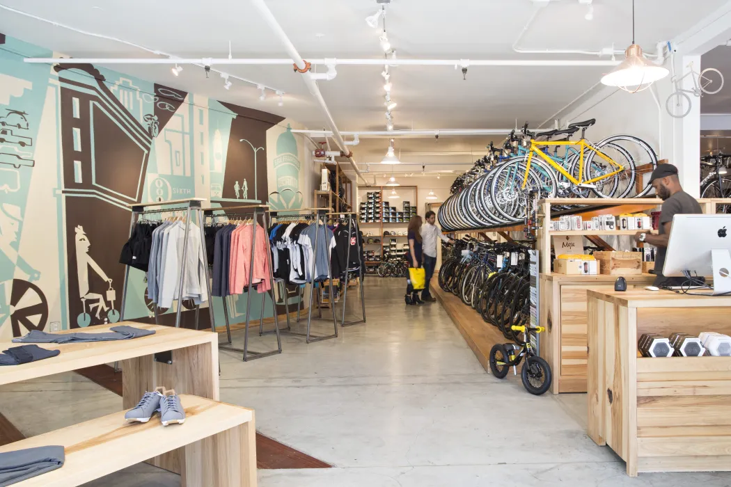 Looking to the back of the store Huckleberry Bicycles in San Francisco.