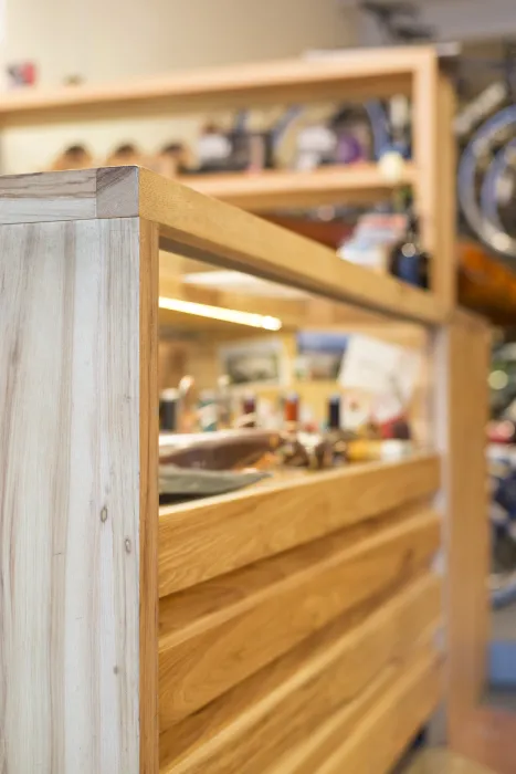 Detail of the wood inside Huckleberry Bicycles in San Francisco.