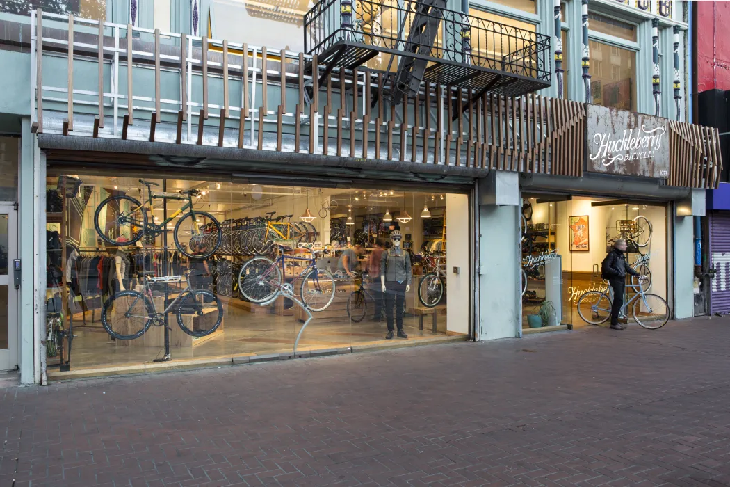 Exterior view of the glass entry to Huckleberry Bicycles in San Francisco.