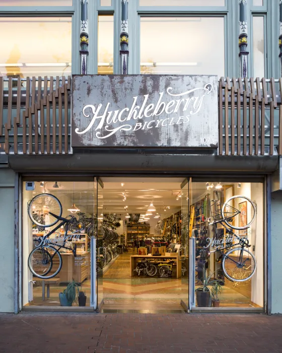 Exterior view of the entrance to Huckleberry Bicycles in San Francisco.