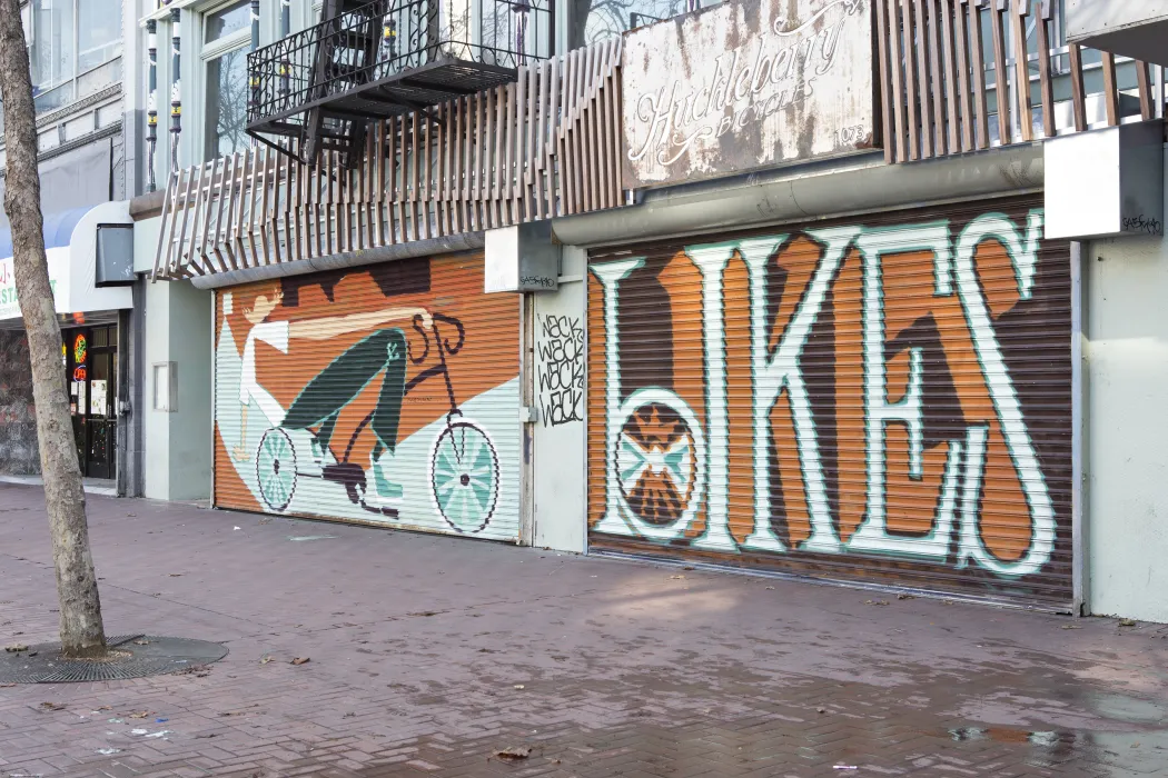 Exterior street view of the mural on the outside of Huckleberry Bicycles in San Francisco.