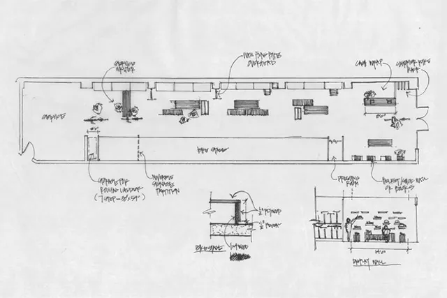 Basic floor plan sketch for Huckleberry Bicycles in San Francisco.