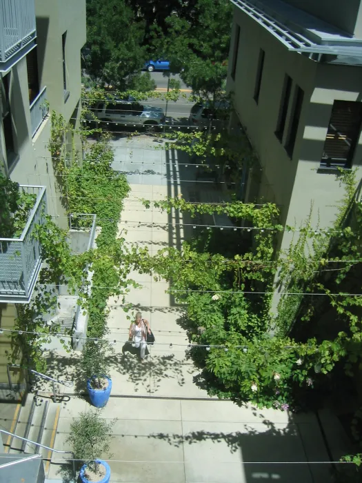 Looking down at the courtyard at Hotel Healdsburg in Healdsburg, Ca.