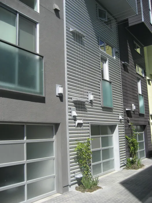 Close-up of townhouse garages at Blue Star Corner in Emeryville, Ca.