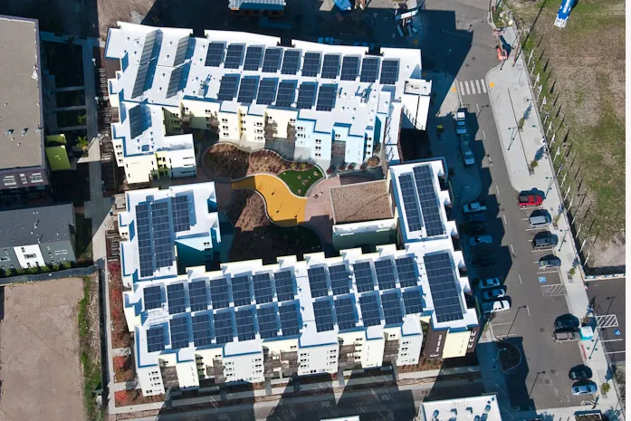 Aerial with solar panels on the roof at Ironhorse at Central Station in Oakland, California.