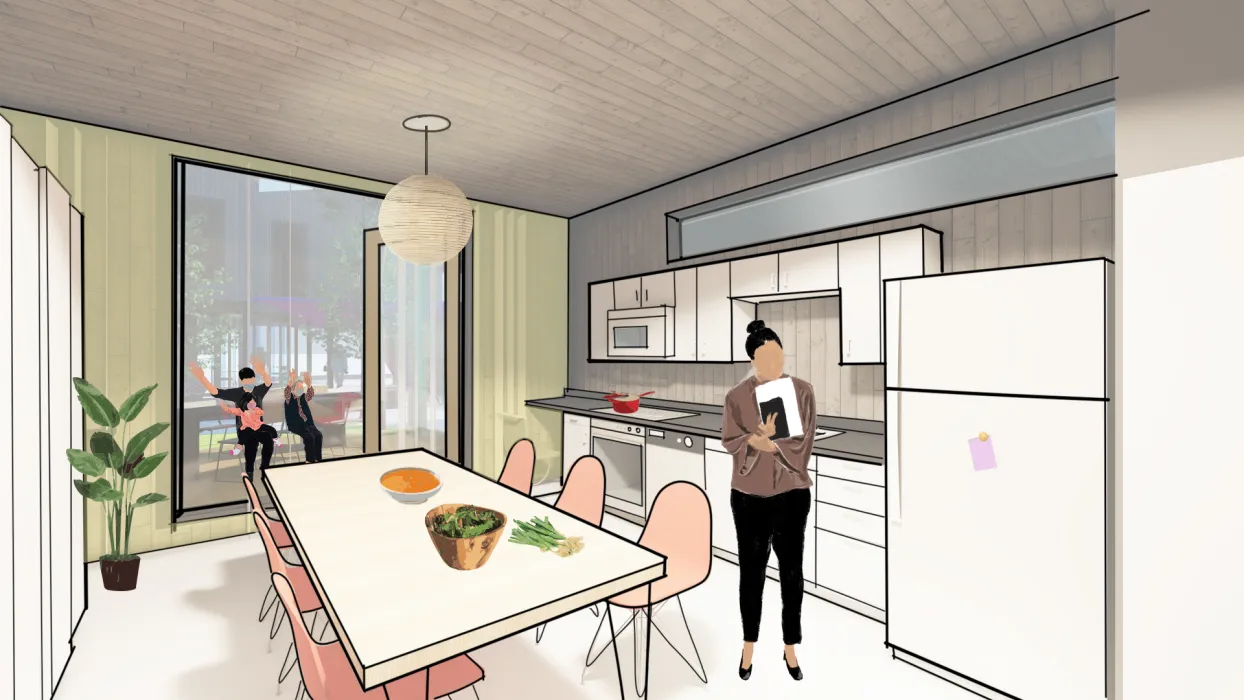 Rendering of the community kitchen for  More-Plex, a competition entry for kit-of-parts collaborative housing.