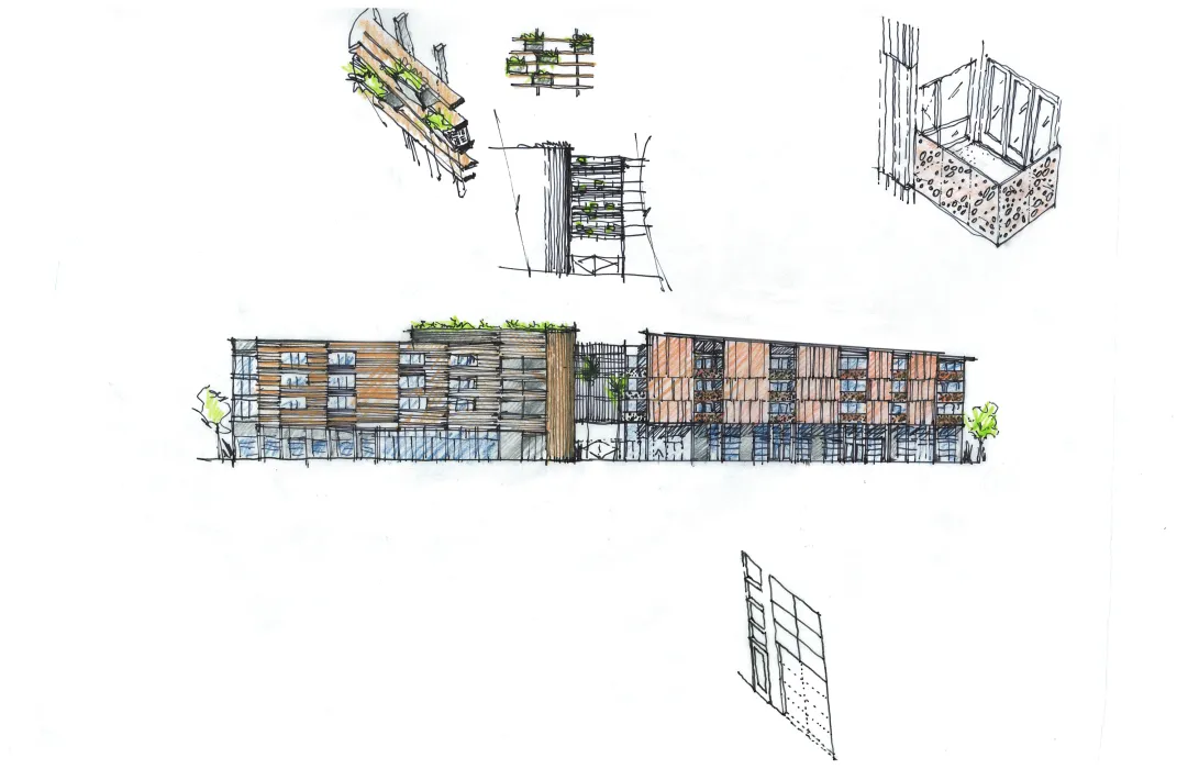 Sketch of the west elevation of La Valentina Station in Sacramento, Ca.