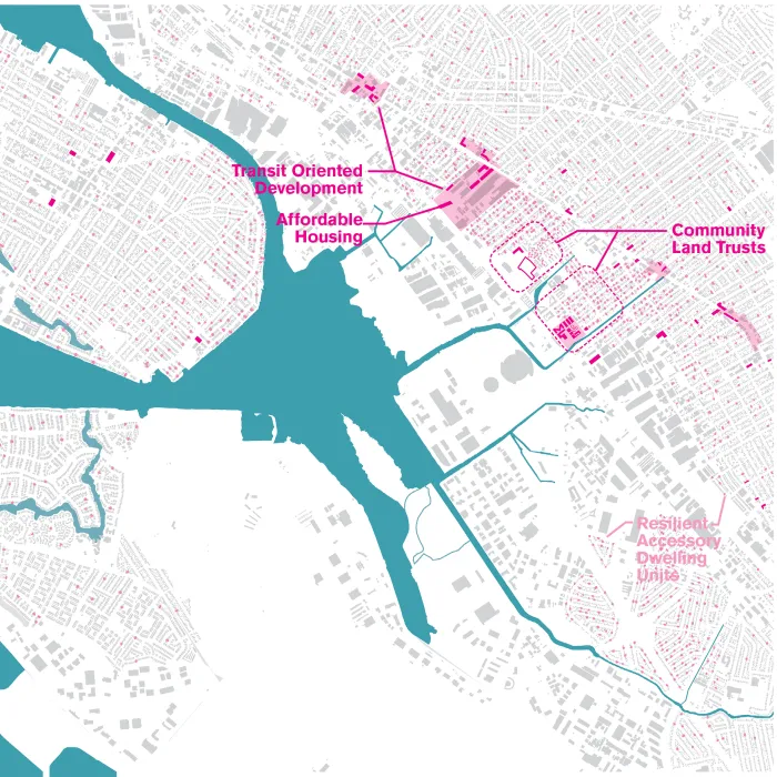 Aerial rendering by the All Bay Collective of Estuary Commons in San Leandro, Ca.