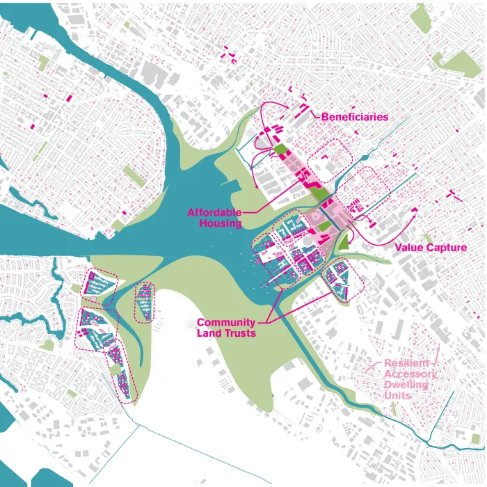 Aerial rendering by the All Bay Collective of Estuary Commons in San Leandro, Ca.