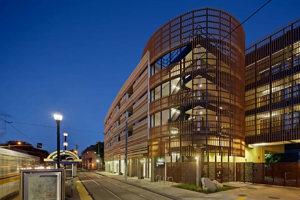 Exterior view in the evening of La Valentina Station in Sacramento, Ca.