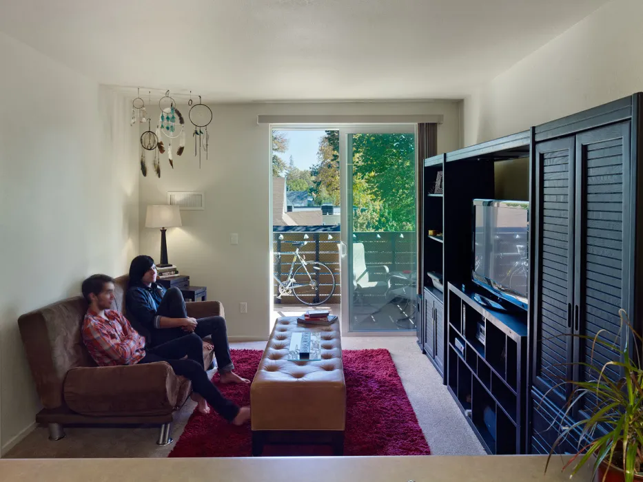 Living room facing the balcony at La Valentina Station in Sacramento, Ca.