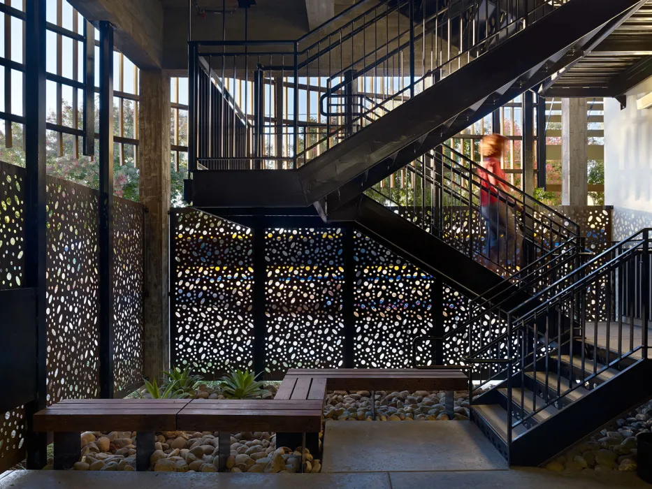 View of the open-air stairs at La Valentina Station in Sacramento, Ca.