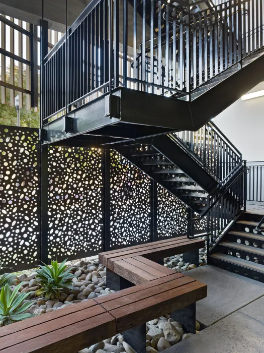 View of the open-air stairs at La Valentina Station in Sacramento, Ca.