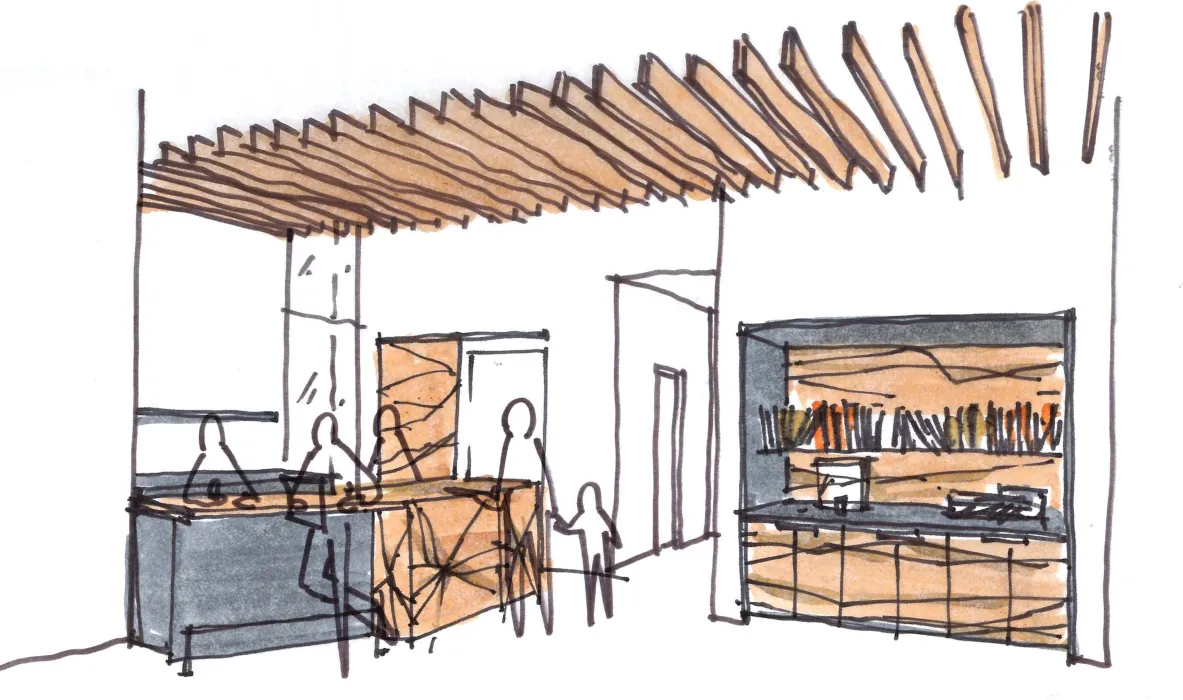Lobby concept sketch for Harmon Guest House in Healdsburg, Ca.